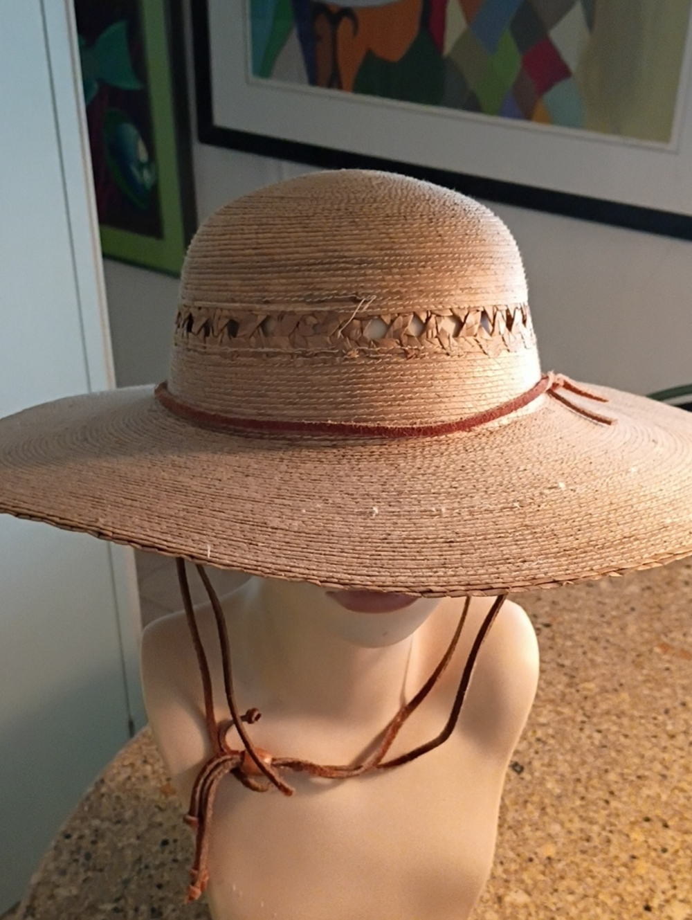 TULA Natural Straw Wide-Brim Sun Hat with Leather Accents Size M/L